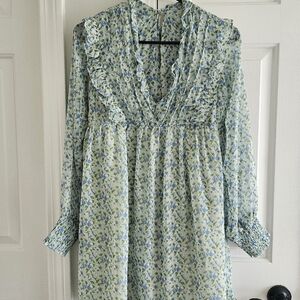 Blue and Green Casual Button Down Shirt with Floral Design